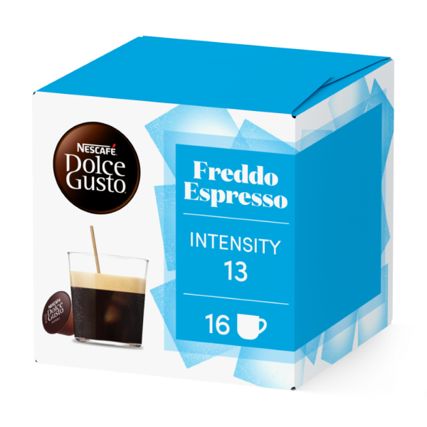 Front view of Cappuccino Freddo (16 pods) box