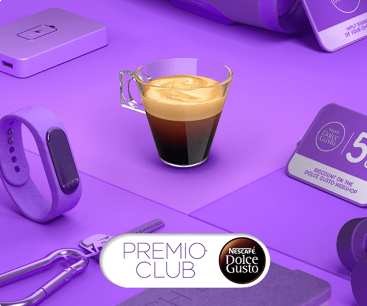 Cup of espresso on a purple background with PREMIO CLUB logo and prizes